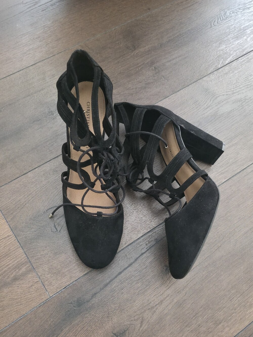 Christian Siriano Black Lace-Up Block Heel Pumps